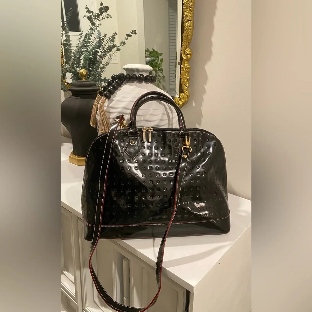 Arcadia Black Embossed Patent Leather LARGE Dome Satchel Bag made in Italy