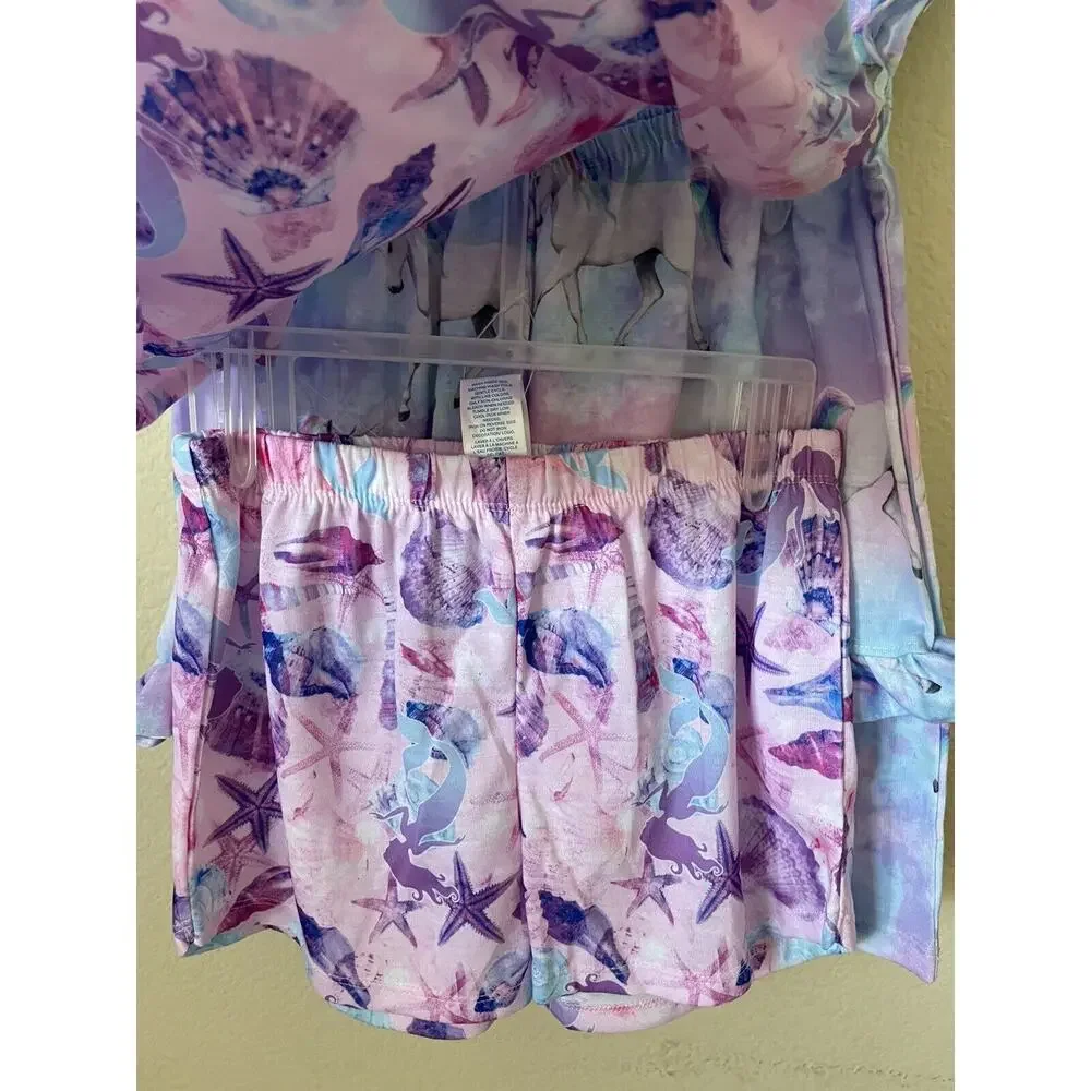 Mermaids Sea Shells Starfish Unicorns Sleeveless Top Shorts Pajama Set M 7/8