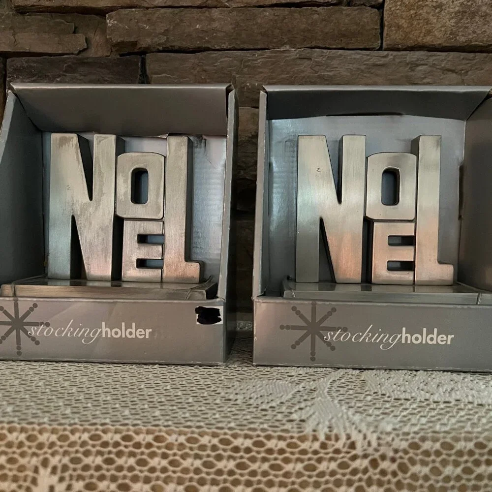 (2) NIB Silver Tone NOEL Target Brand Stocking Holders Made of Heavy Metal