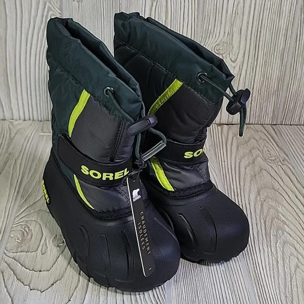 Sorel Flurry Toddler Size 9 Black & Green Waterproof Winter Snow Boots NEW