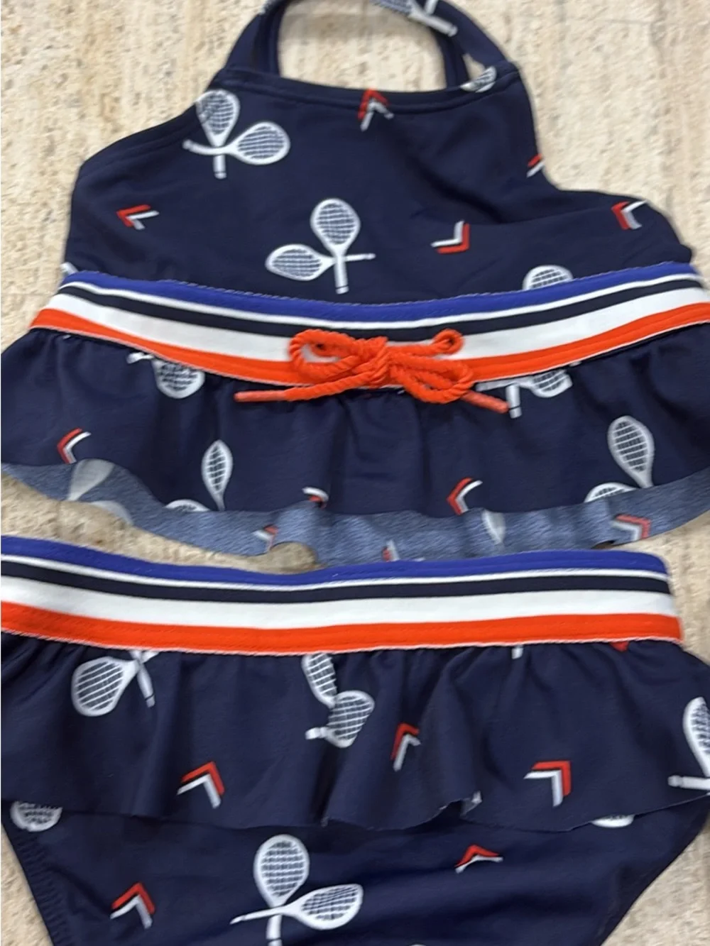 Navy Tennis Racket Two-Piece Swim Set with Striped Trim