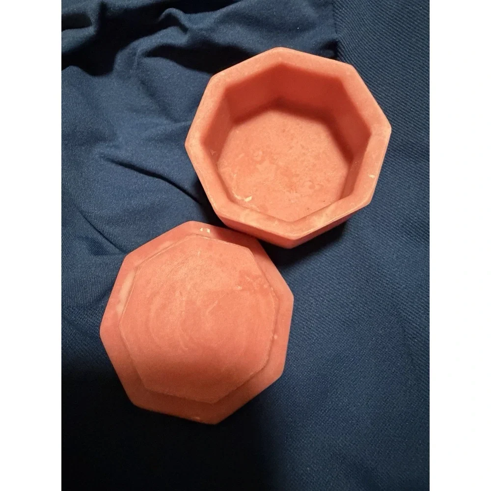 Vintage Unicorn Pink Soapstone Jewelry Octagon Lidded Trinket Box Scrollwork 70s