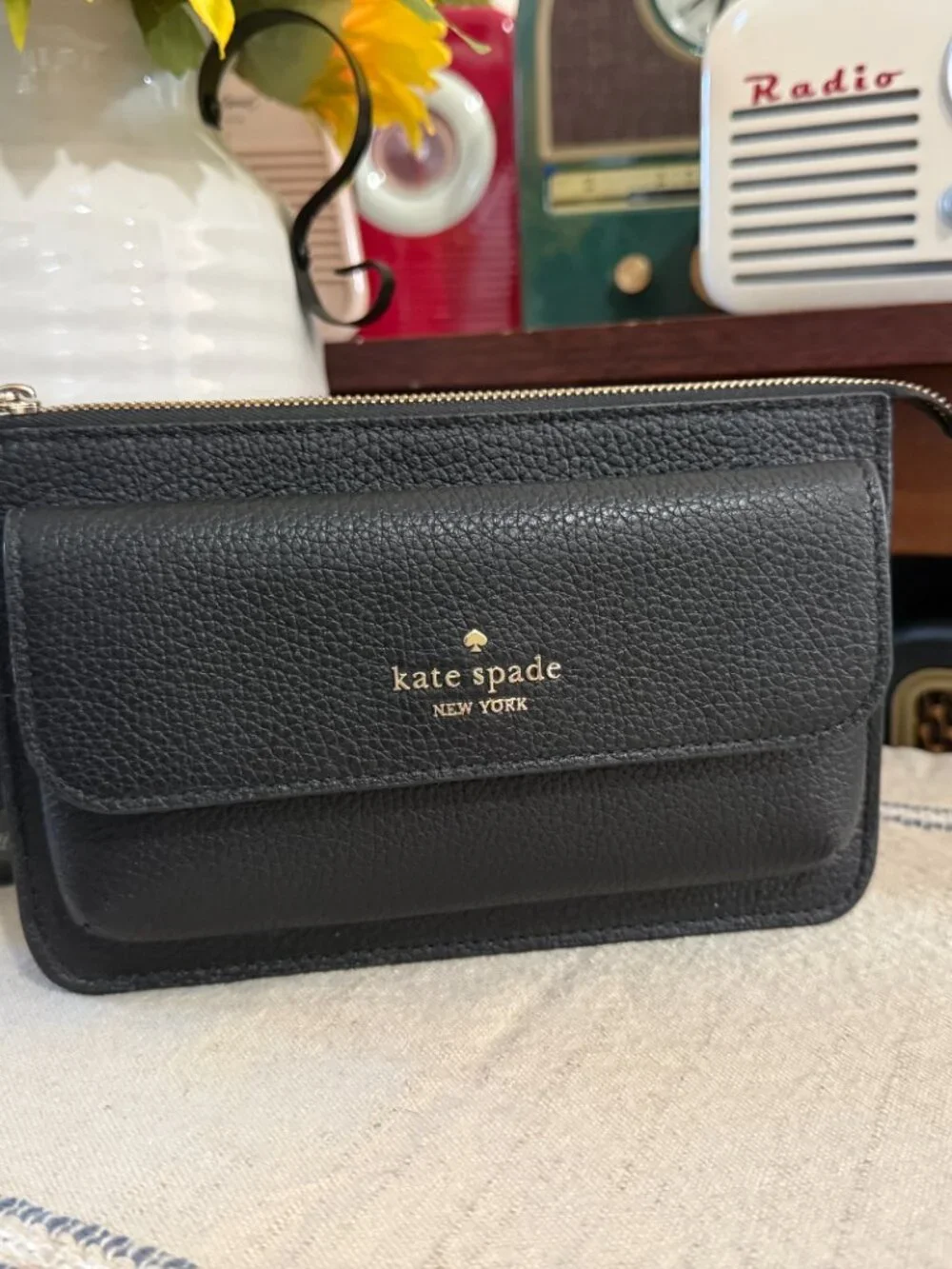 Kate Spade New York Black Leather Crossbody Wallet Clutch | Pebbled Leather | LN
