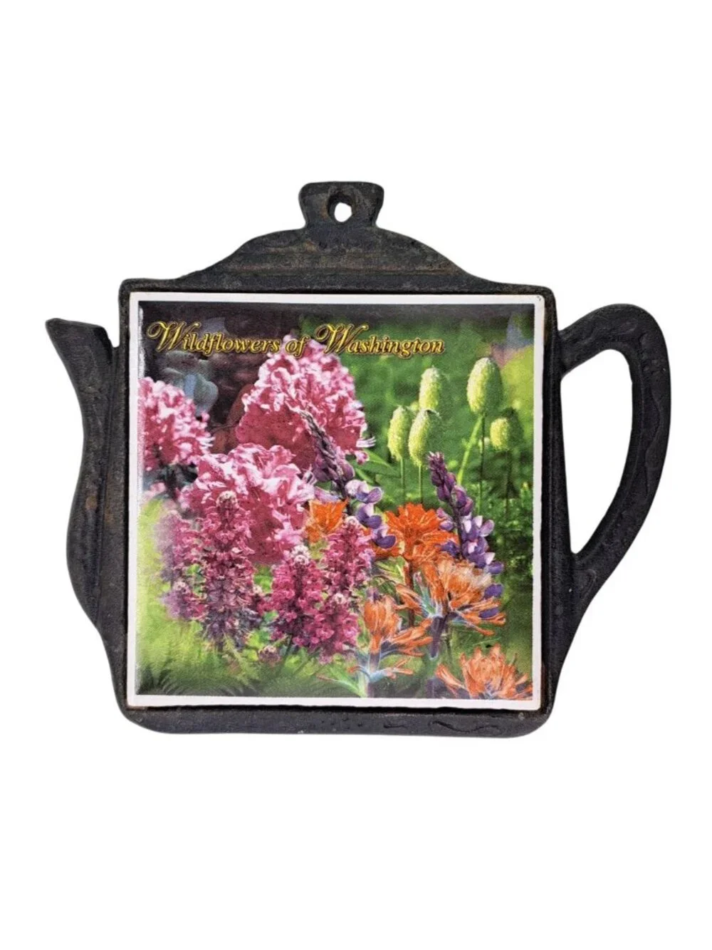 Vintage Wildflowers Of Washington Cast Iron Teapot Trivet With Ceramic Tile Pot