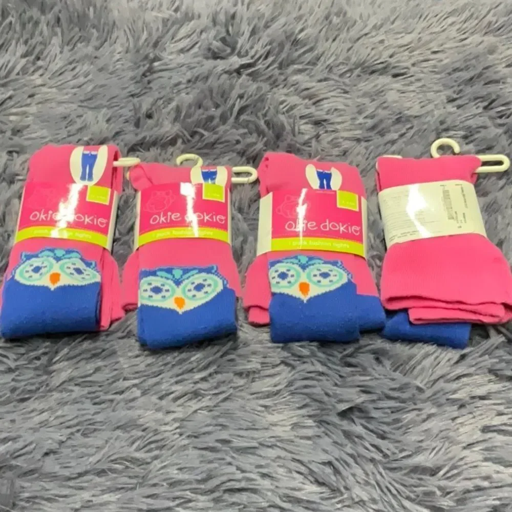 Okie Dokie Pink and Blue Owl Pattern Tights - 2 Sizes Available