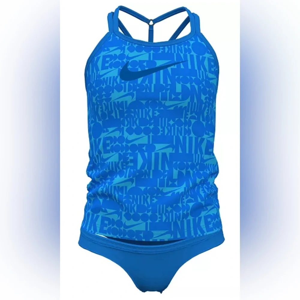 Nike Big Girls Retro Flow T-Crossback Tankini Swimsuit, 2 Piece Set Blue New