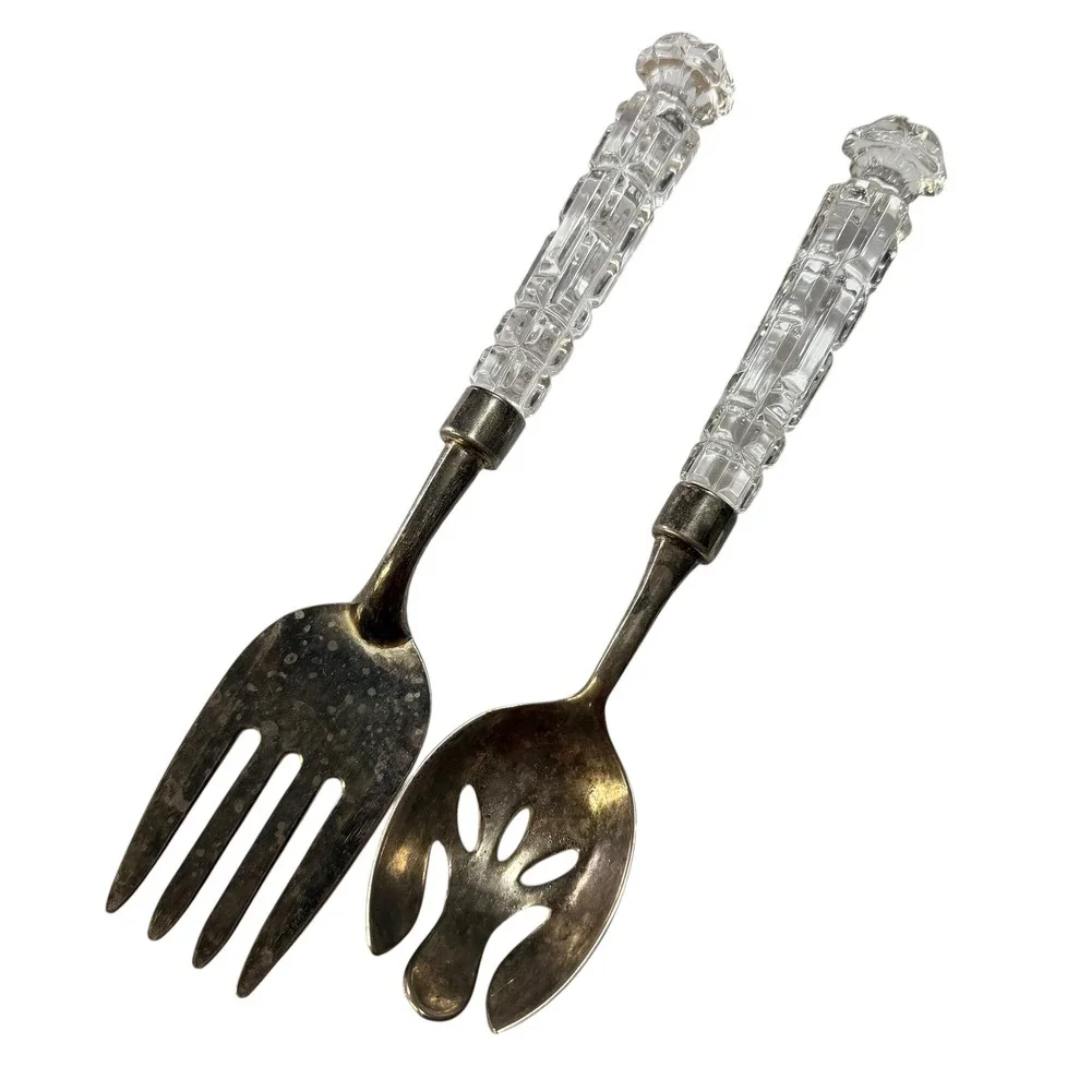 Vintage Salad Serving Set Faceted Glass Handles Silver Tone Fork Spoon 2 Piece