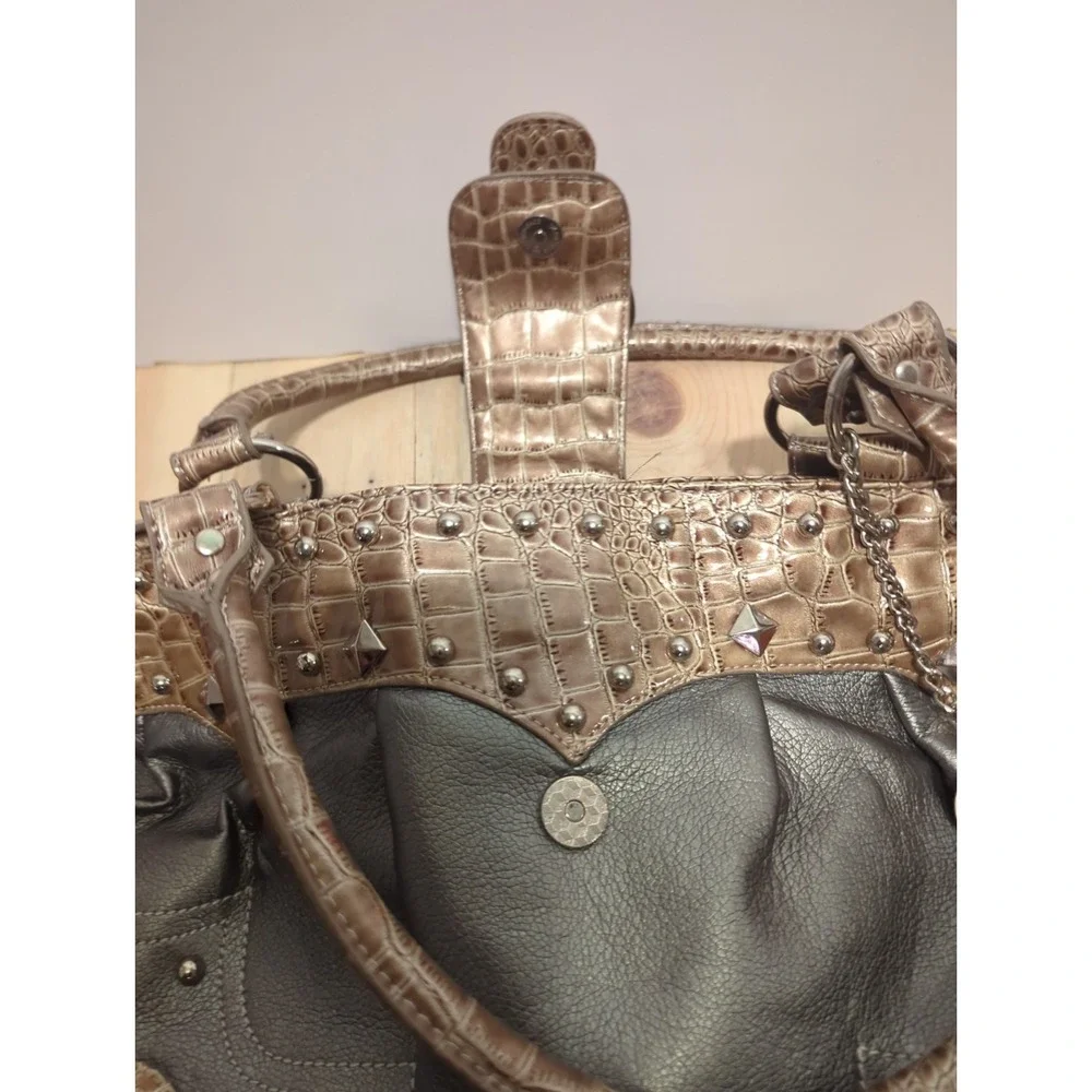 Vtg Y2K Lou-Ella Silver Croc Satchel Bag Studded Buckle Moto Boho slouchy Bling