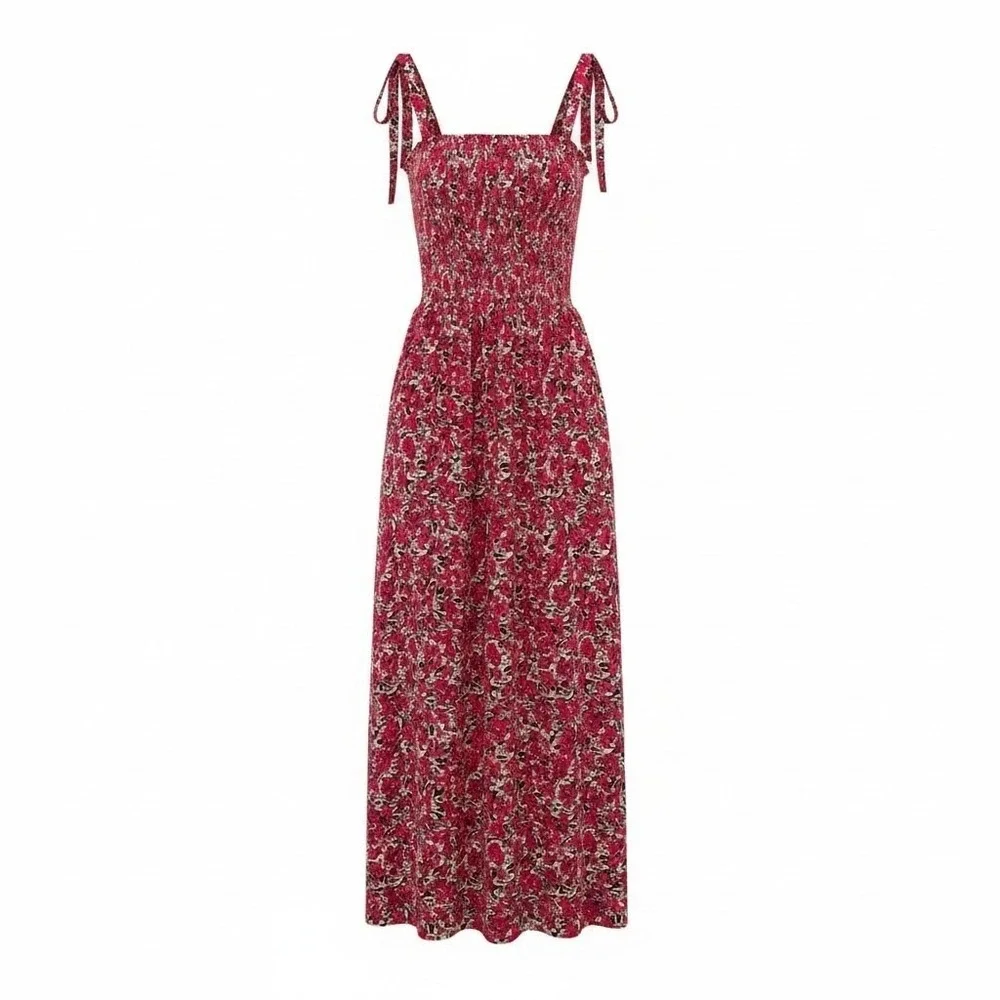 BB Dakota Womens S Red‎ Floral Maxi Dress Smocked Bodice Tie Shoulder Sundress
