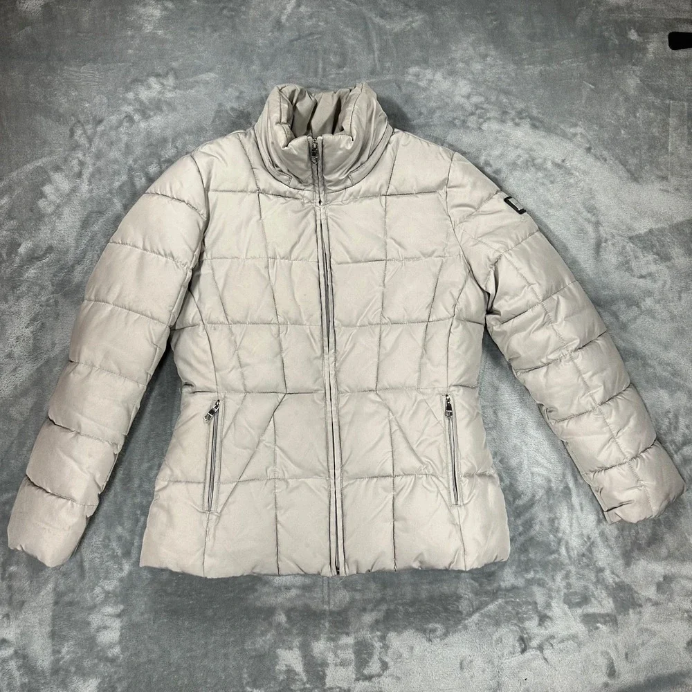 Calvin Klein Womens Puffer Jacket Taupe Gray Fleece Lined Quilted CWJ05100 M
