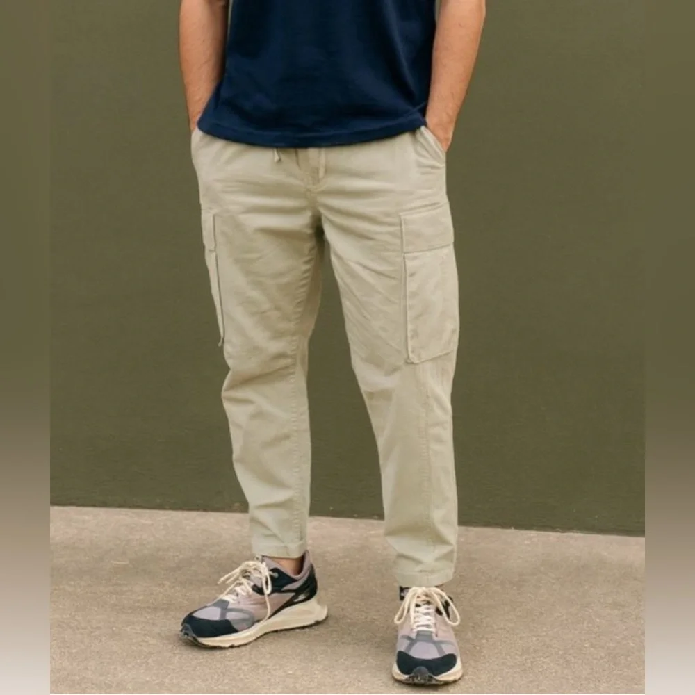 ZARA Mens Green DenimWear Copped Cargo Drawstring Trousers sz L 100% Cotton