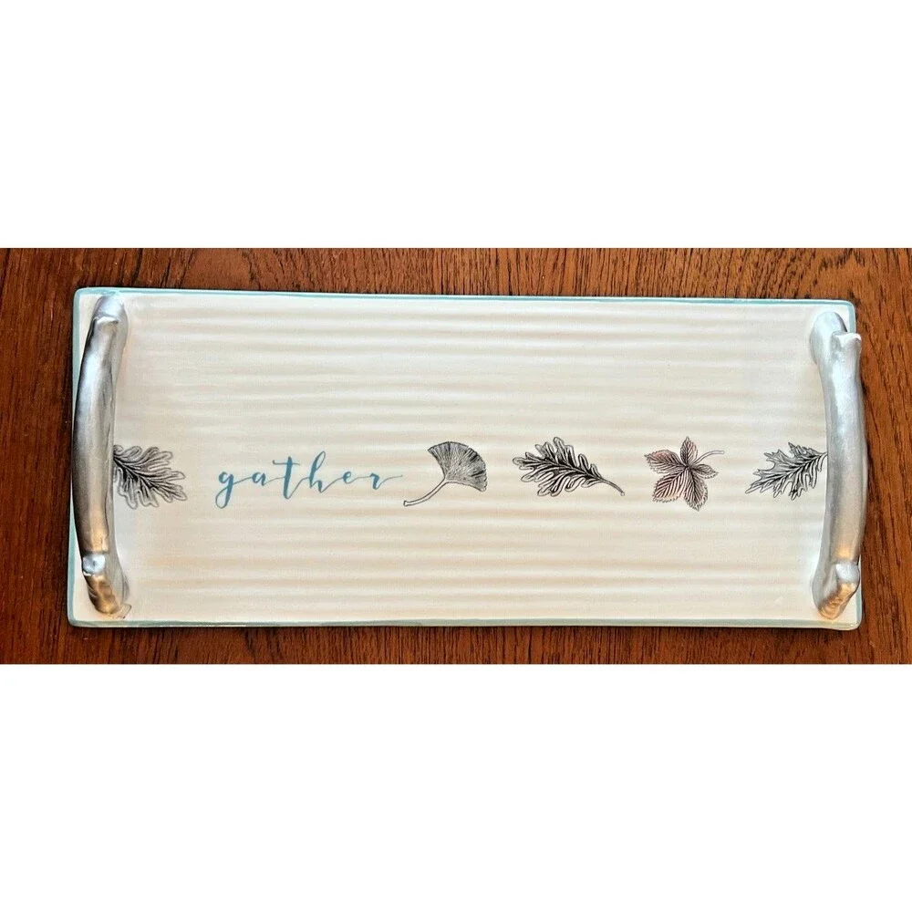 Ceramic “Ceramic “Gather” Cheese Aqua Silver Transpac Made in USA Leaves Harvest
