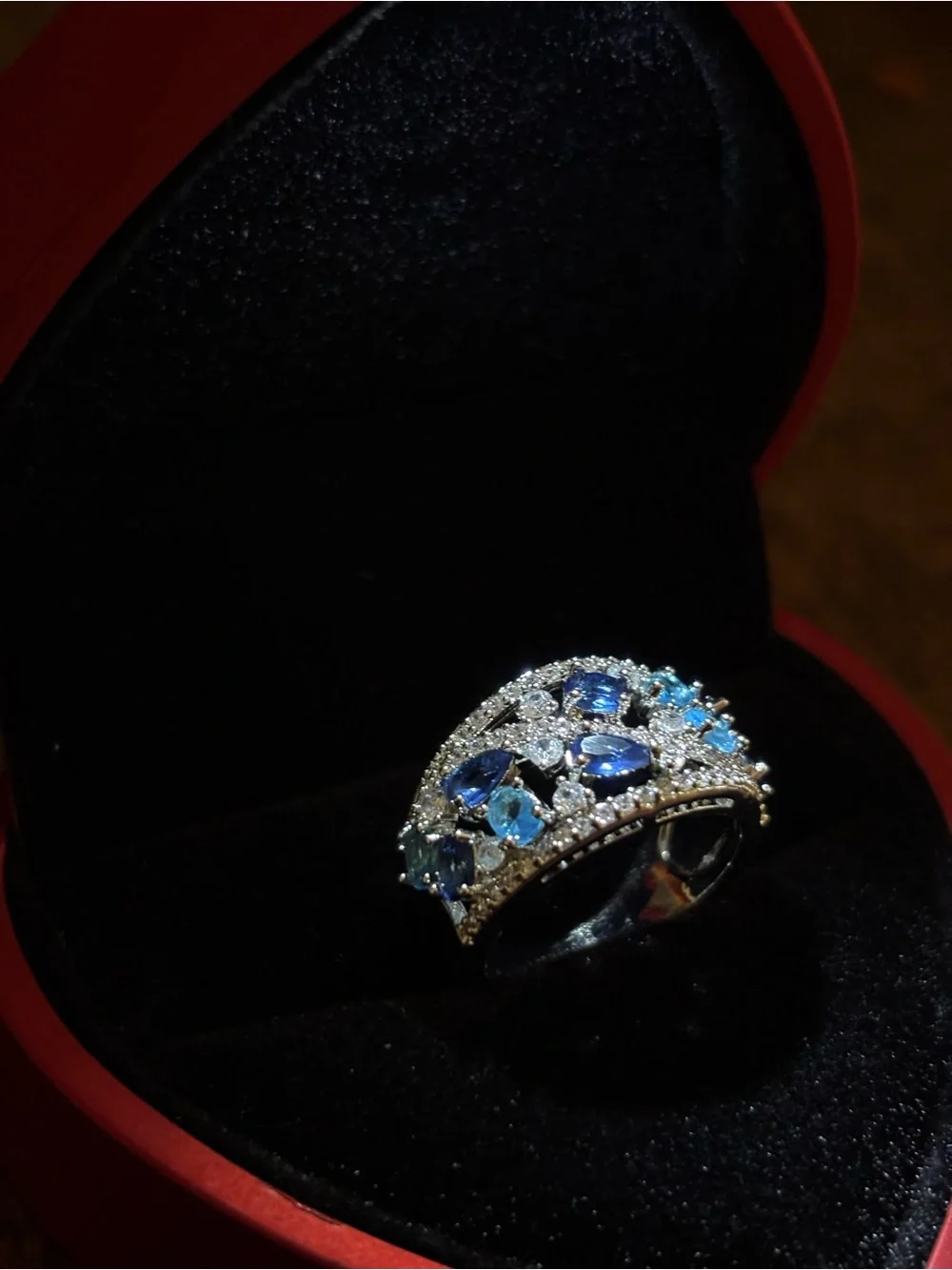 Silver Band Ring with Blue Gemstones and Clear Accents