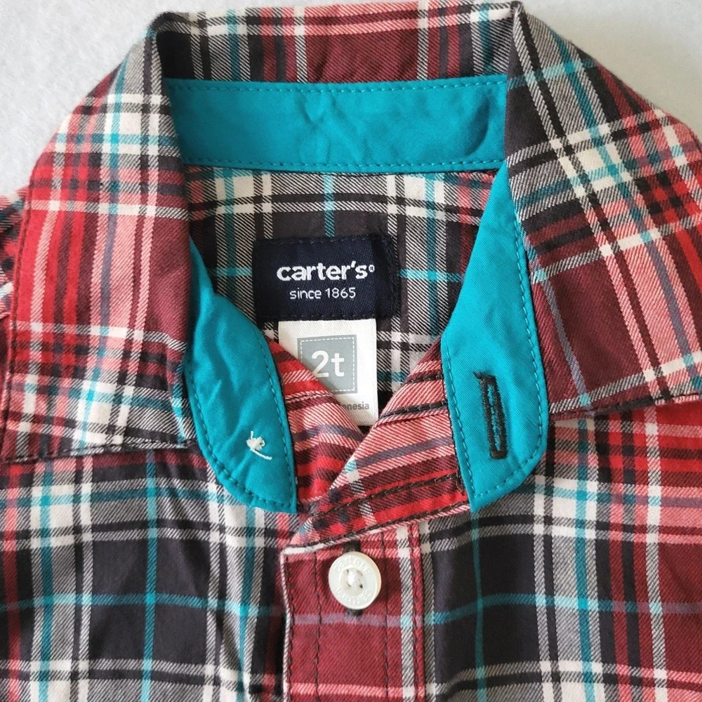 New Boys 2T Carters Plaid Button‎ Down Shirt 2 pc Lot Cotton Long Sleeve Western