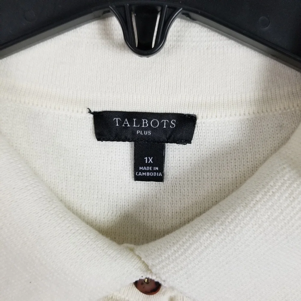 Talbots Polo Sweater Womens 1X White Black Striped Long Sleeve Cotton Blend 69s