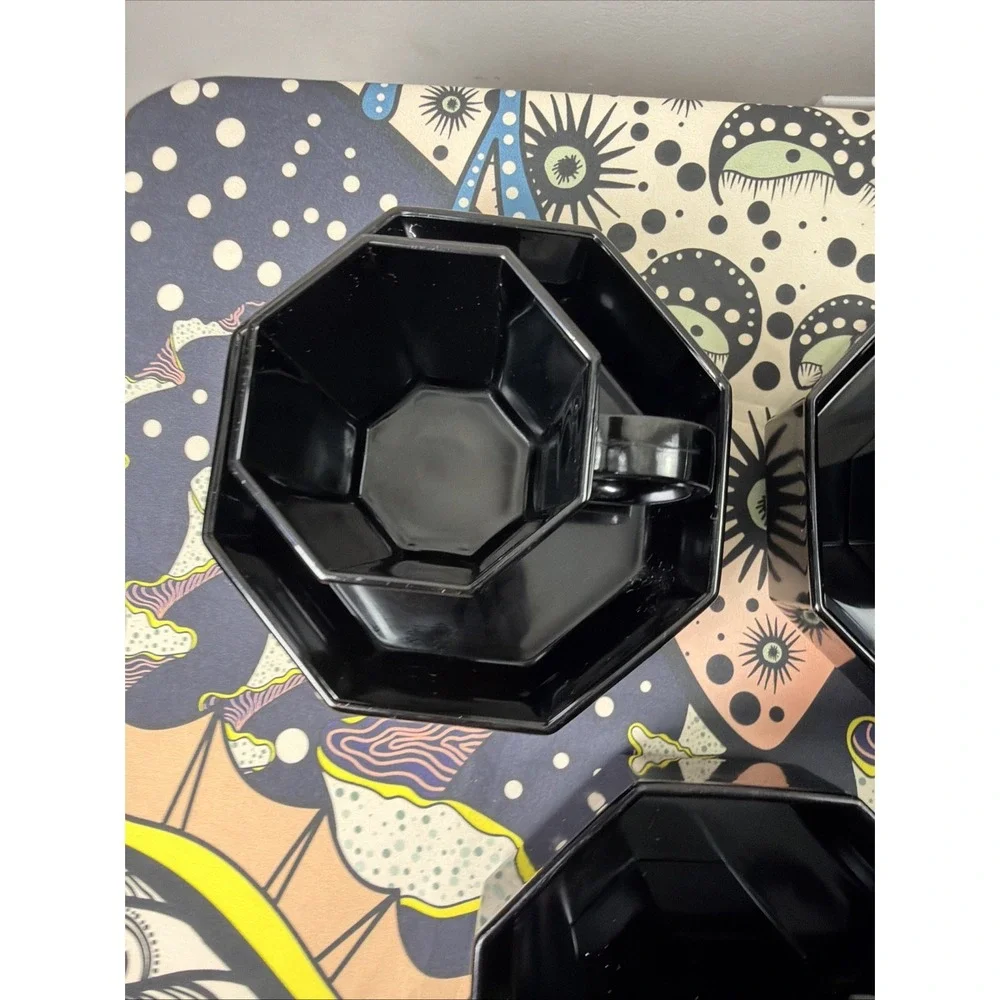 VTG Set Of 3 Arcoroc Octime Black Glass Octagonal Plate & Mug Sets Gothic Dark