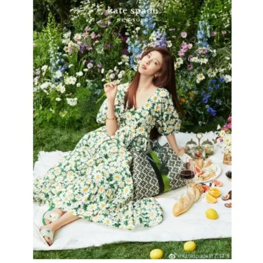 Kate Spade Daisy Bodega Midi Dress Cotton Green Floral Puff Sleeve New with Tags