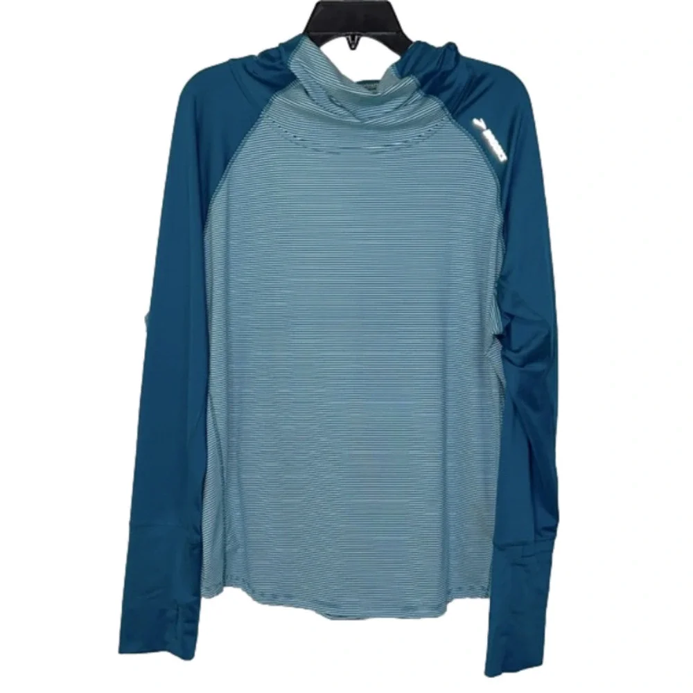 Brooks Turquoise Blue Striped Lightweight Run Happy Long Sleeve Hoodie -Sz Large