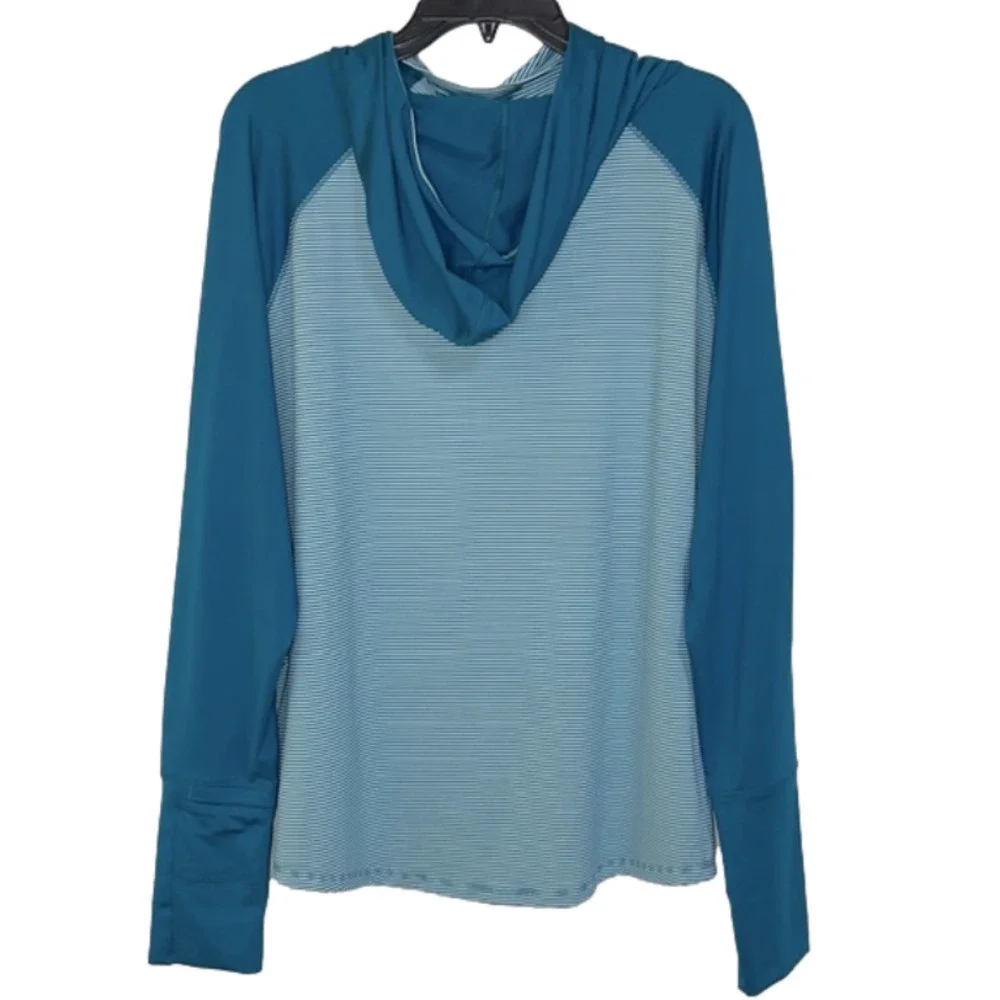 Brooks Turquoise Blue Striped Lightweight Run Happy Long Sleeve Hoodie -Sz Large