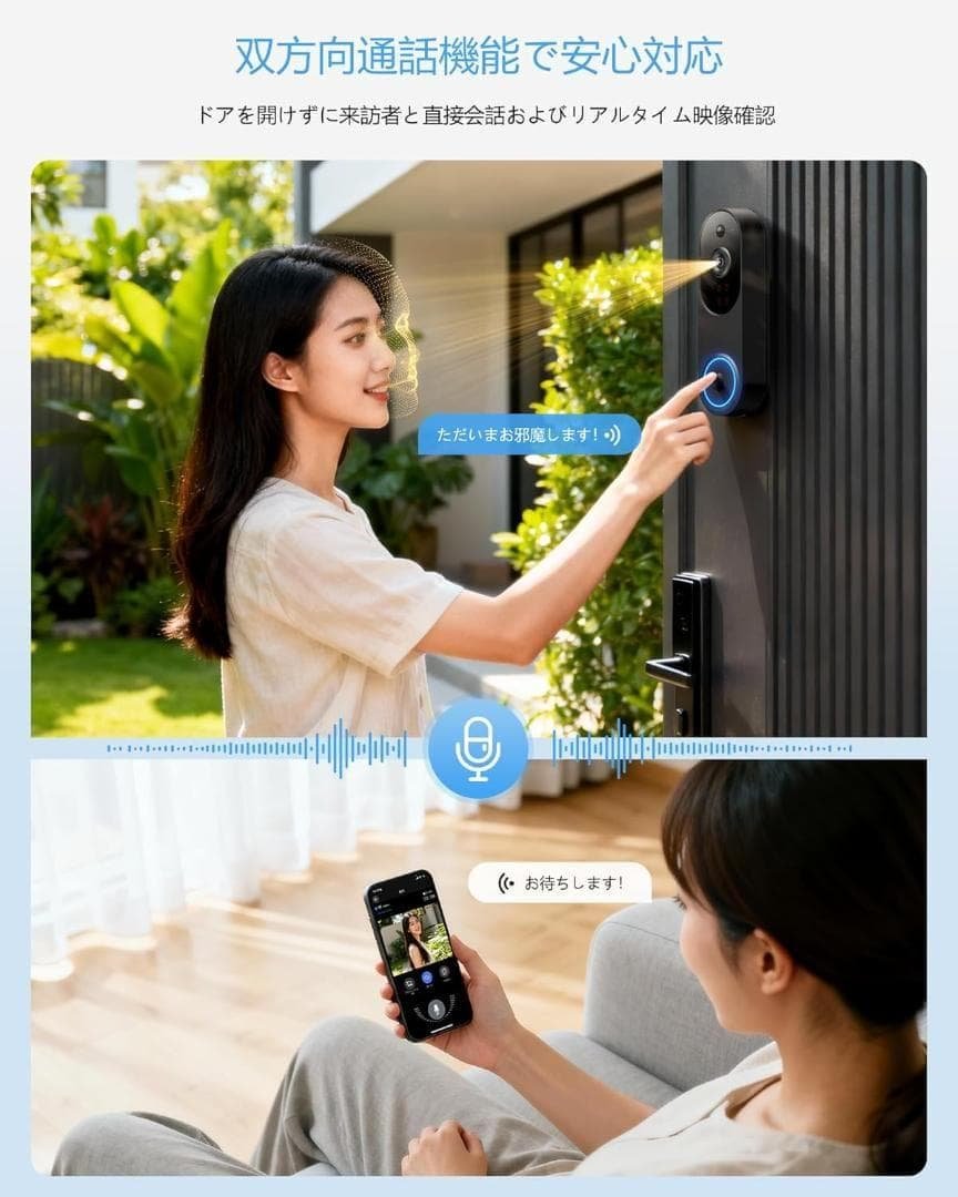 2K Intercom Doorbell, No Installation Required, Wireless, With Camera, Motion Sensor